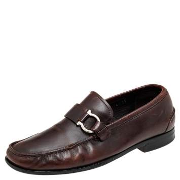Pre Owned Salvatore Ferragamo Brown Leather Gancio Slip On Loafers Size 40
