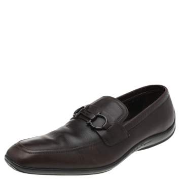 Pre Owned Salvatore Ferragamo Dark Brown Leather Gancini Bit Slip On Loafers Size 42
