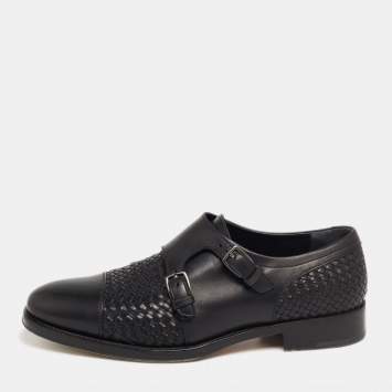 Pre Owned Salvatore Ferragamo Black Leather Tramezza Double-Monk Loafers Size 43