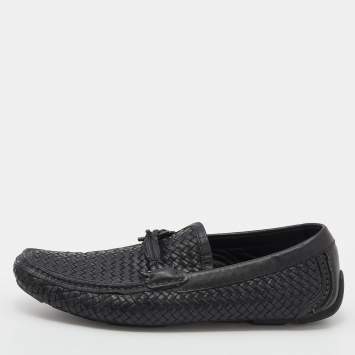 Pre Owned Salvatore Ferragamo Black Woven Leather Parigi Gancini Slip On Loafers Size 42