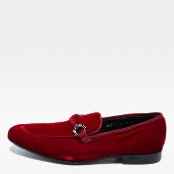 Pre Owned Salvatore Ferragamo Dark Red Velvet Lord 2 Horsebit Loafers Size 44