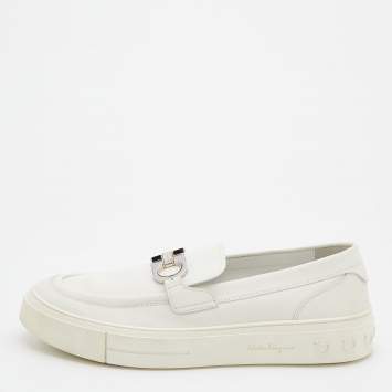 Pre Owned Salvatore Ferragamo White Leather Gancini Slip On Sneakers Size 44.5