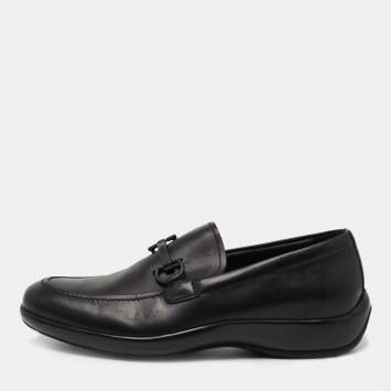 Pre Owned Salvatore Ferragamo Black Leather Logo Slip On Loafers Size 40