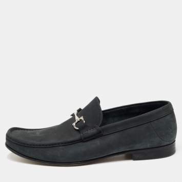 Pre Owned Salvatore Ferragamo Dark Grey Nubuck Leather Gancini Loafers Size 44.5