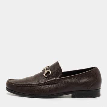Pre Owned Salvatore Ferragamo Dark Brown Leather Gancini Loafers Size 44.5
