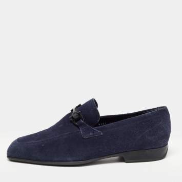 مملوكة مسبقًا Salvatore Ferragamo Navy Blue Suede Gancini Loafers Size 42.5