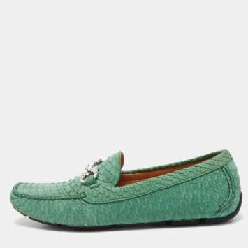 Pre Owned Salvatore Ferragamo Green Python Leather Mason Horsebit Slip On Loafers Size 40.5