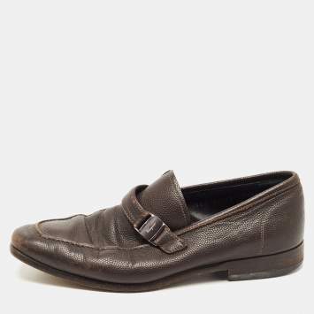 Pre Owned Salvatore Ferragamo Dark Brown Leather Side Buckle Loafers Size 39.5 