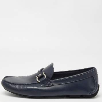 Pre Owned Salvatore Ferragamo Navy Blue Leather Slip On Loafers Size 42.5 