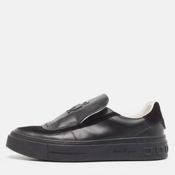 Pre Owned Salvatore Ferragamo Black Leather and Suede Slip On Sneakers Size 40