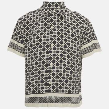 Pre Owned Sandro Black/Beige Printed Crepe Short Sleeve Shirt L