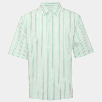 Pre Owned Sandro Green Stripe Stretch Poplin Short Sleeve Shirt L