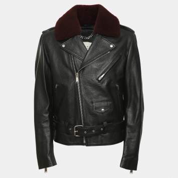 Pre Owned Sandro Black Leather and Shearling Biker Jacket L