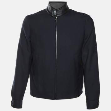 Pre Owned Sandro Black Wool Blend Leather Collar Detail Zip Up Jacket M