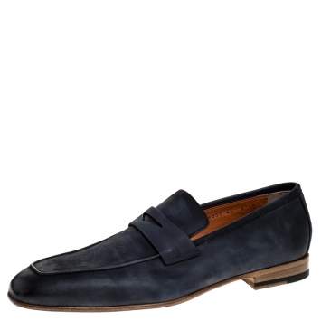 Pre Owned Santoni Blue Nubuck Leather Penny Slip On Loafers Size 44