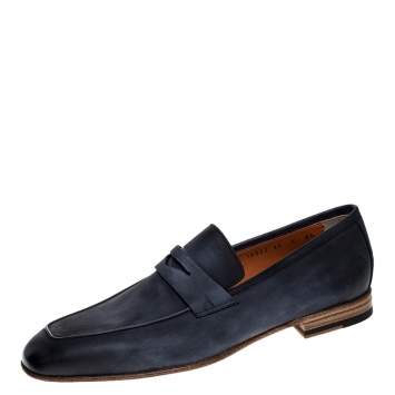 Pre Owned Santoni Blue Nubuck Leather Penny Slip On Loafers Size 42.5
