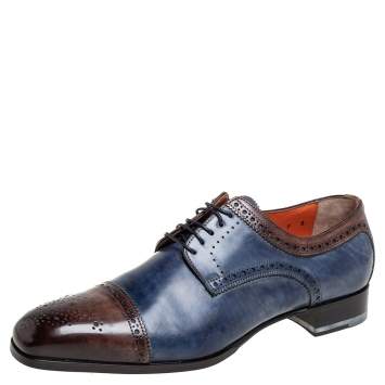 Pre Owned Santoni Blue/Brown Brogue Leather Lace Up Derby Size 43