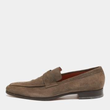 Pre Owned Santoni Brown Suede Penny Slip On Loafers Size 43.5