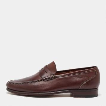 Santoni Dark Brown Leather Slip On Loafers Size 40.5