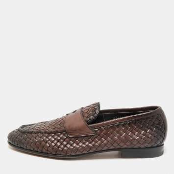Pre Owned Santoni Ombre Brown Woven Leather Slip On Penny Loafers Size 40.5