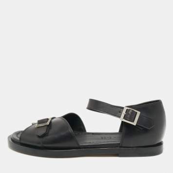 Santoni Black Leather Buckle Strap Flat Sandals Size 44