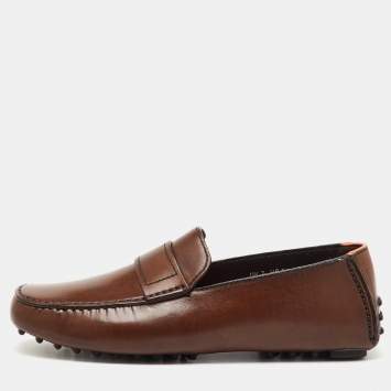 Pre Owned Santoni Dark Brown Leather Slip On Loafers Size 41