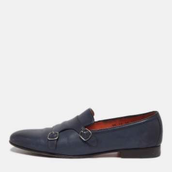 مملوكة مسبقًا Santoni Size 44 Blue Leather Double Strap Loafers