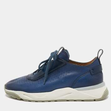 Pre Owned Santoni Blue Leather Low Top Sneakers Size 40