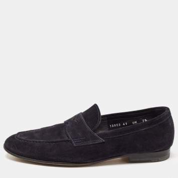 Pre Owned Santoni Navy Blue Suede Penny Slip On Loafers Size 41.5