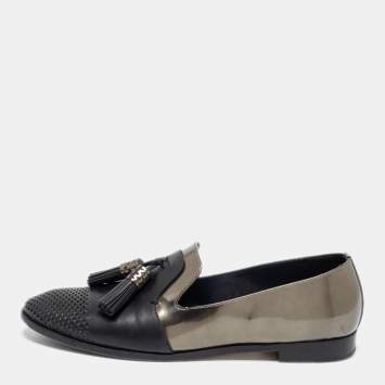 Pre Owned Sergio Rossi Black/Olive Green Patent And Leather Tassel Loafers Size 40.5