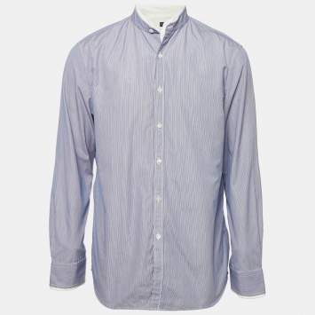 Pre Owned Shanghai Tang Blue Striped Cotton Long Sleeve Shirt L