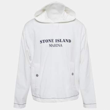 Pre Owned Stone Island White Cotton Knit Logo Printed Hoodie M