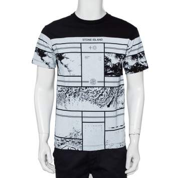 Pre Owned Stone Island Black Cotton Mural Part 3 Printed Crewneck T-shirt M