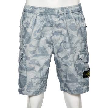 Pre Owned Stone Island Blue Camouflage Printed Cotton Cargo Shorts M 
