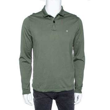 Pre Owned Stone Island Green Cotton Long Sleeve Polo T-Shirt M