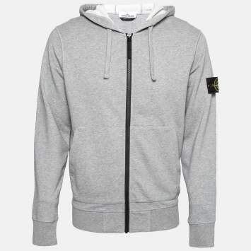 Pre Owned Stone Island Grey Melange Brushed Cotton Zip Front Hoodie M