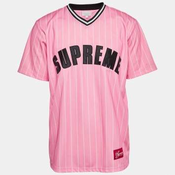 Pre Owned Supreme Pink Pinstripe Jersey Logo Applique Baseball T-Shirt L