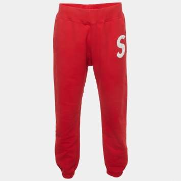 Pre Owned Supreme Red Jersey Embellished Logo Sweatpants S