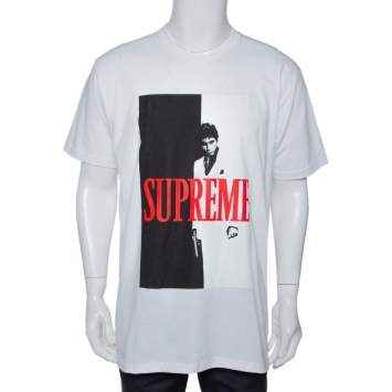 Pre Owned Supreme White Cotton Scarface Split Crew Neck T Shirt L 