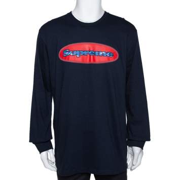 Pre Owned Supreme Navy Blue Cotton Ripple Long Sleeve T Shirt L 