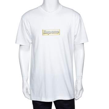Pre Owned Supreme White Cotton Crystal Logo Print Crew Neck T Shirt L 