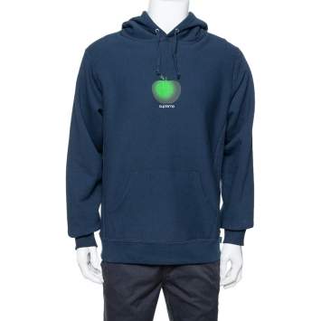 Pre Owned Supreme Midnight Blue Apple Logo Print Cotton Hoodie M