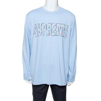 Pre Owned Supreme Light Blue Cotton Supreme City Embroidered Long Sleeve T-Shirt XL
