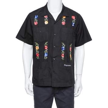 Pre Owned Supreme Black Cotton Blend Flowers Guayabera Shirt M