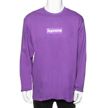 Pre Owned Supreme Purple Cotton Logo Printed Crew Neck T-Shirt L