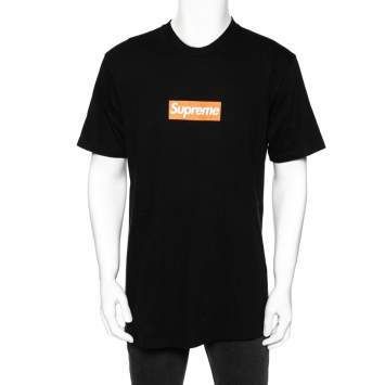 Pre Owned Supreme Black Cotton Logo Printed Crew Neck T-Shirt L