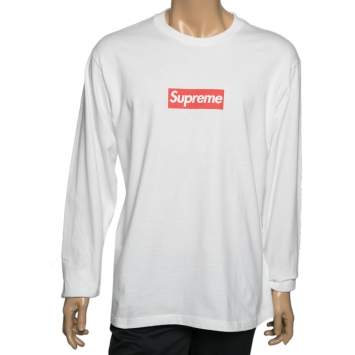 Pre Owned Supreme White Cotton Logo Printed Crew Neck Long Sleeve T-Shirts L