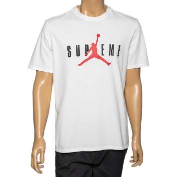 Pre Owned Supreme X Jordan White Logo Printed Cotton T-Shirt L