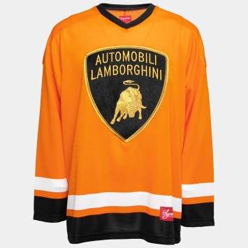 Pre Owned Supreme Automobili Lamborghini Orange Logo Embroidered Jersey V-Neck T-Shirt L