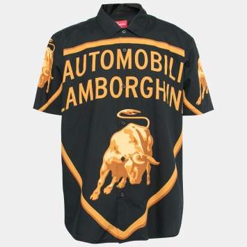 Pre Owned Supreme Automobili Lamborghini Black Logo Printed Cotton Short Sleeve Shirt L